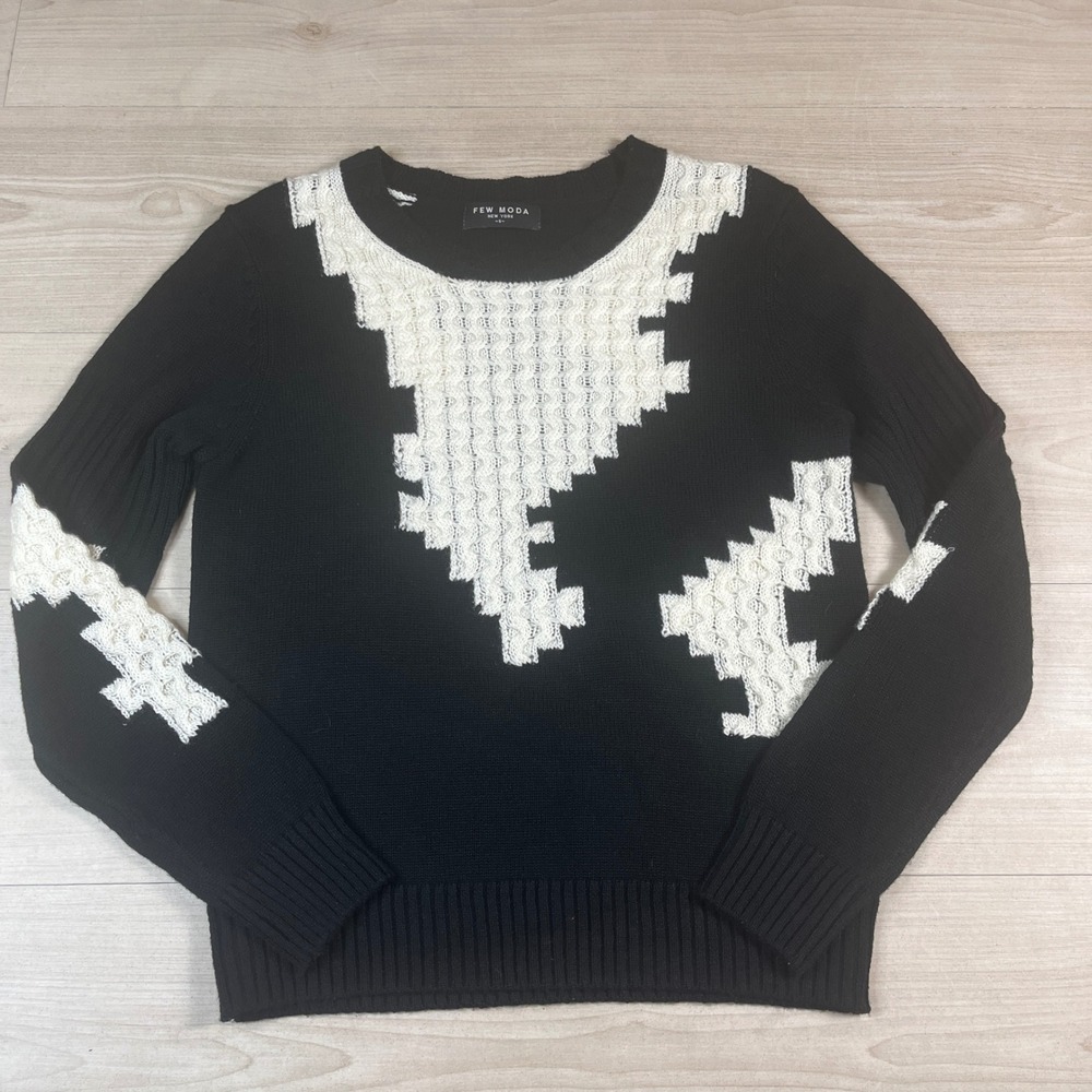 Few Moda New York Black White Geometric Wool Blend Crew Neck Sweater Womens S